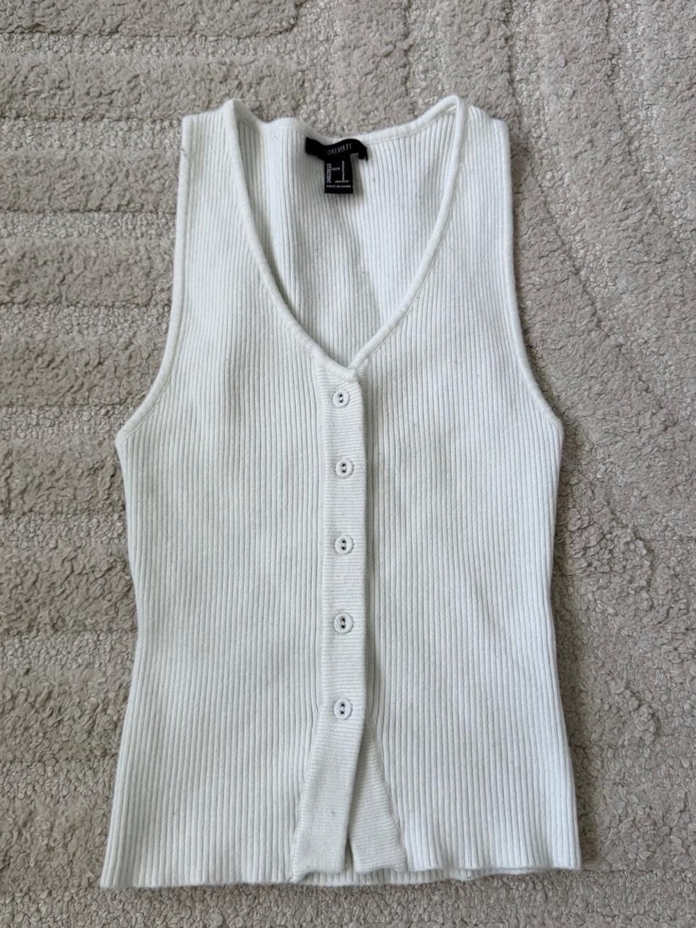 Forever 21 White Ribbed V-Neck Button Tank